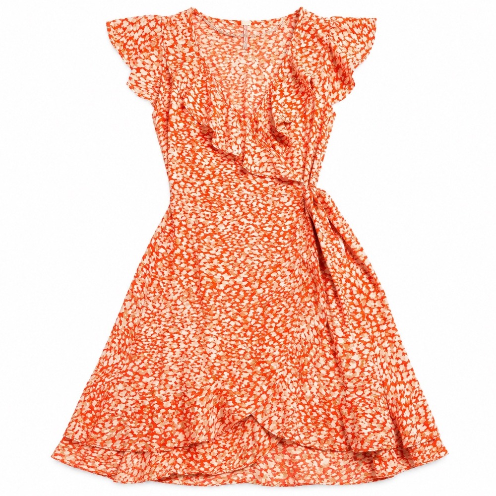 Free‎ People French Quarter Orange Cream Abstract Ruffle Wrap Mini Dress Small